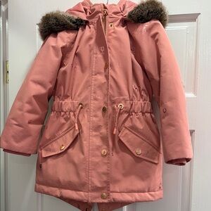 Joules Pink Horse Hooded Parka with Faux Fur Trim